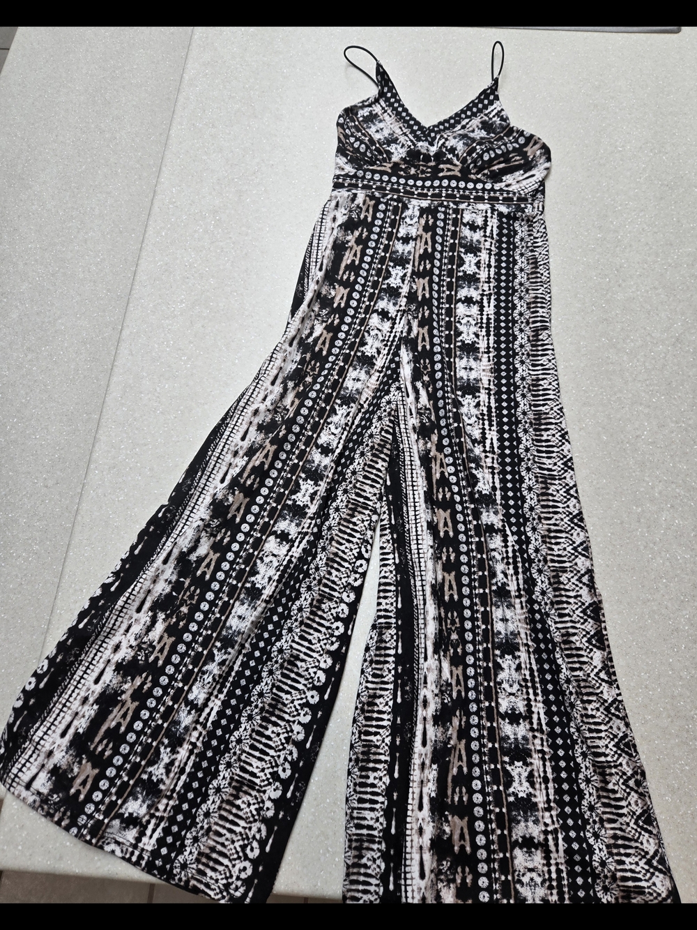 Black & Cream Printed Wide-Leg Jumpsuit-XS